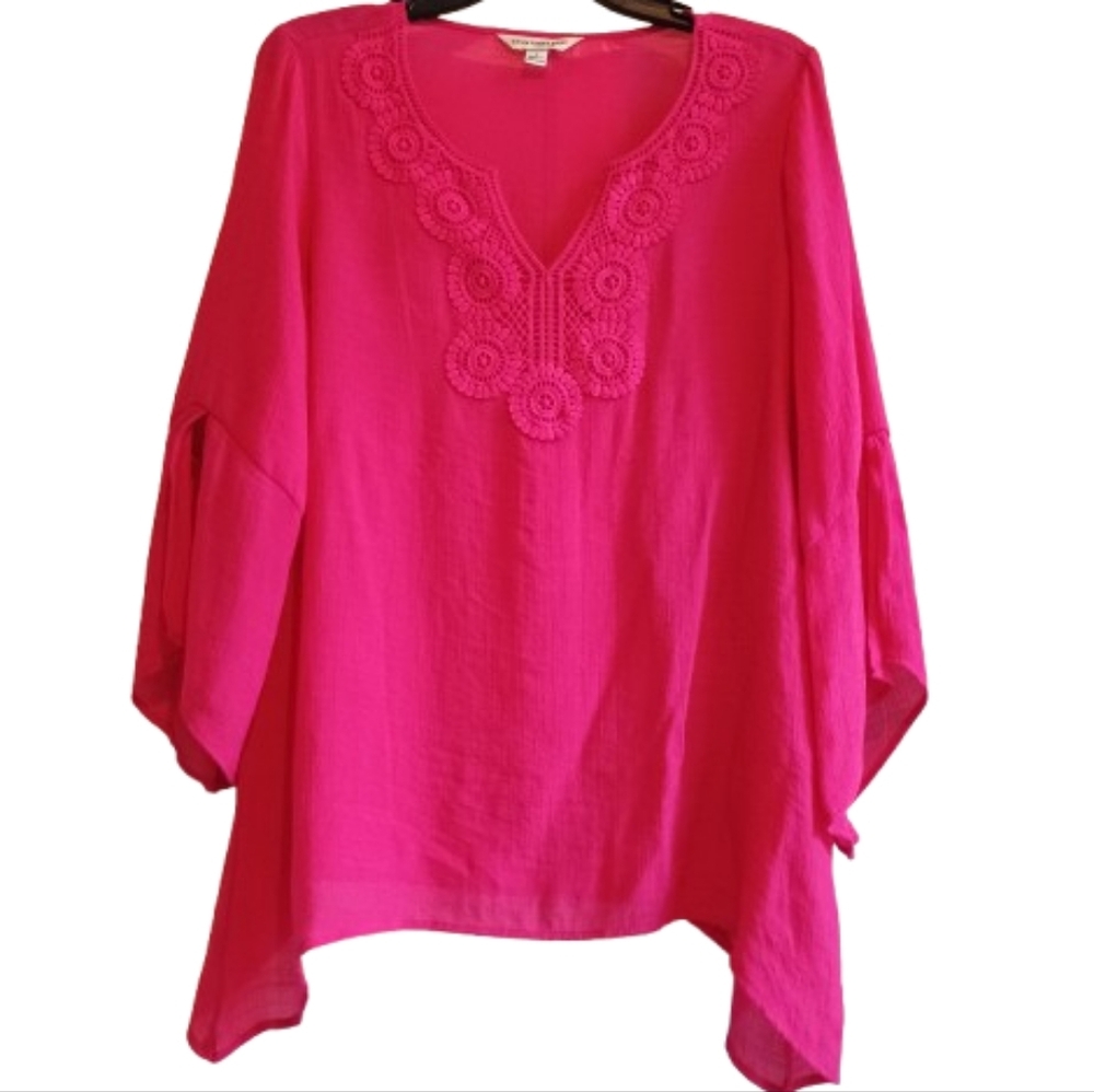 Counterparts Women's Large Pink Embroidered Crochet Tunic Top Kaftan Style‎